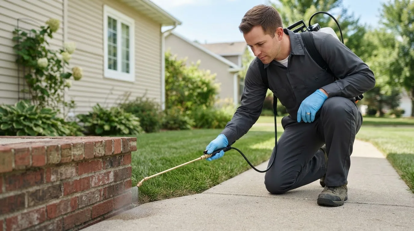 Pest control technician treating a home near Arbela, MO